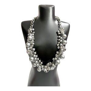 ALDO SILVER TONED IRIDESCENT FACETED WOVEN BEAD STATEMENT NECKLACE